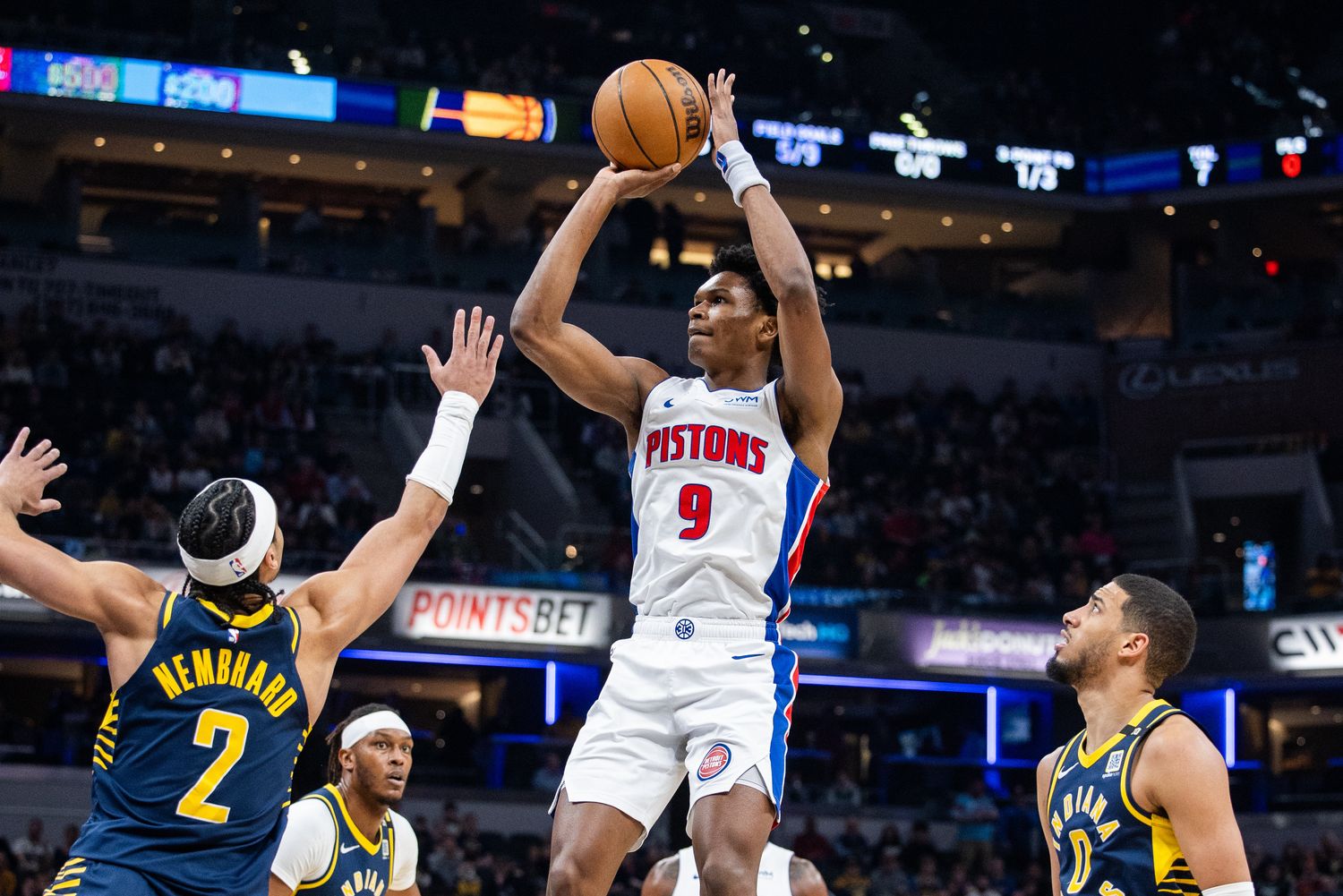 Thompson during the Pistons’ 129-115 loss to the Pacers on Feb. 22, 2024.